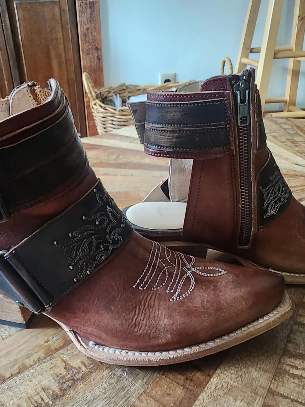 Freebird Waylon Cognac Leather Western Ankle Boots with Open Heel